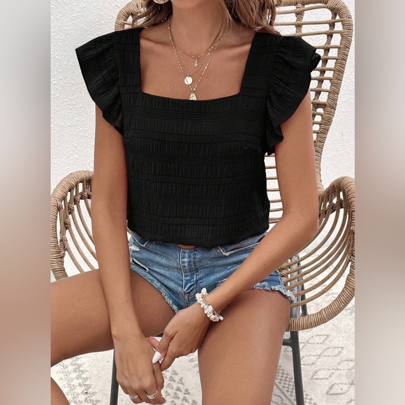 🩵 textured square neck flutter short sleeve boho blouse - Picture 1 of 6